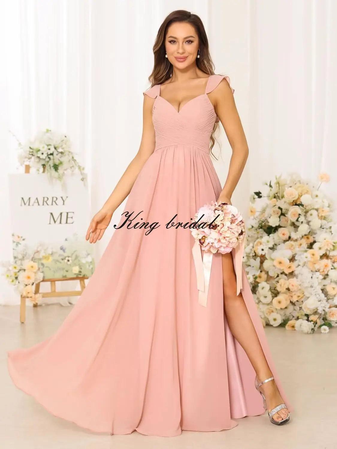 Women's Cap Sleeves Chiffon Bridesmaid Dresses Long with Pockets Ruffle Formal Evening Dresses with Slit Wedding Party Gowns