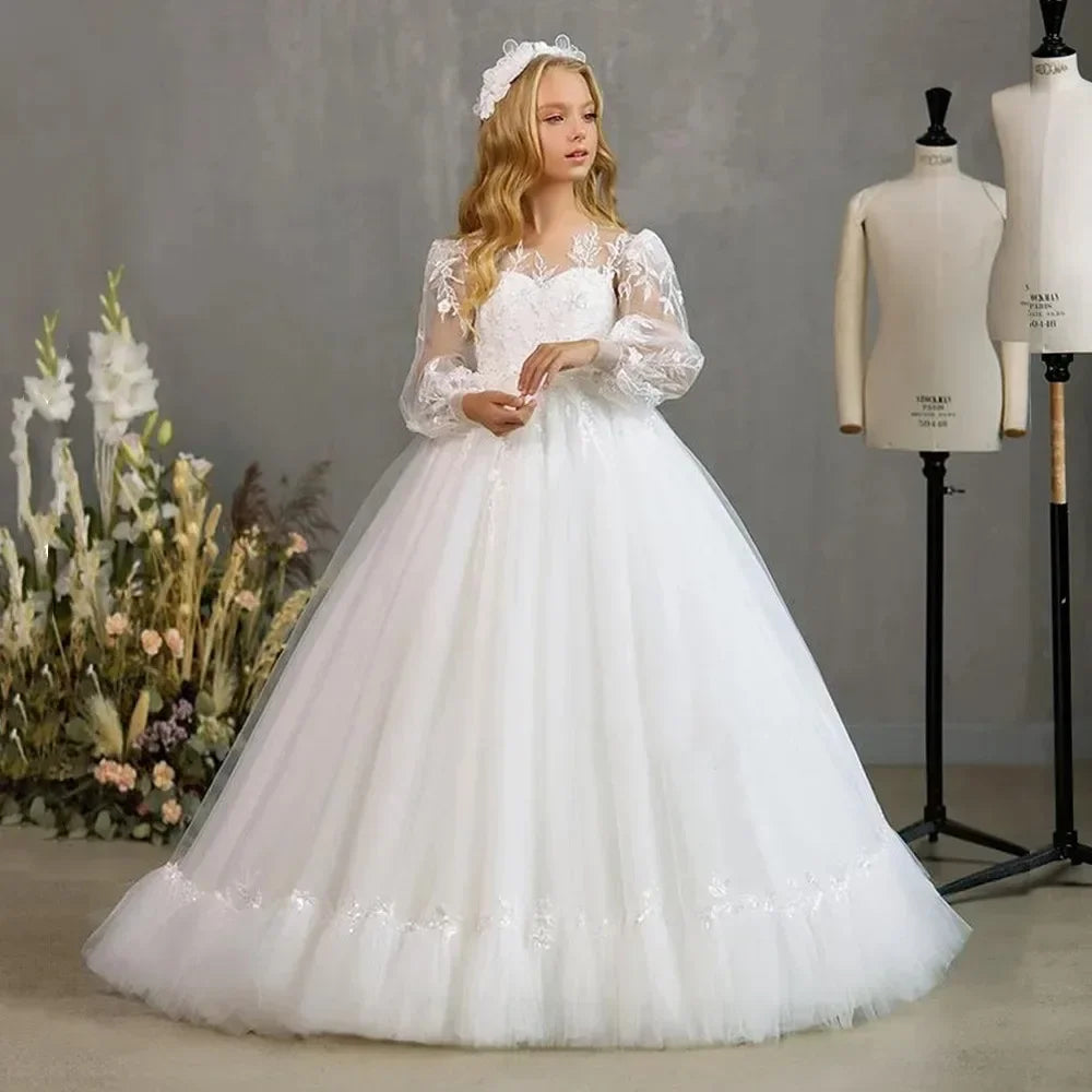 First Communion Gowns Customized White Flower Girl Dresses Pageant Gown for Wedding Lace Floor Length Princess Birthday Party