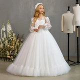 First Communion Gowns Customized White Flower Girl Dresses Pageant Gown for Wedding Lace Floor Length Princess Birthday Party