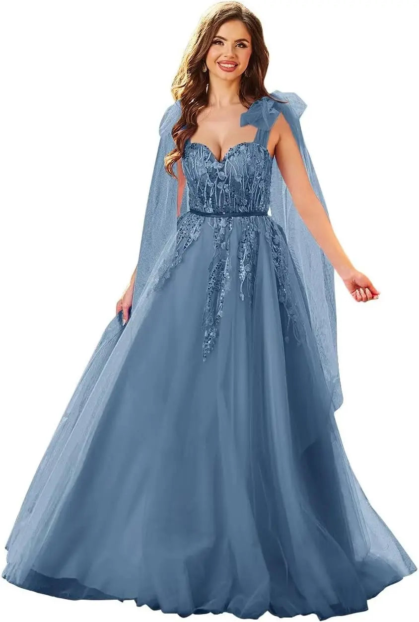 Vestidos de fiesta de tul con apliques de encaje para mujer, tirantes finos ajustables, vestidos de gala largos de corte A, vestidos de noche, vestidos de fiesta 