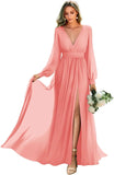 Long Sleeve Bridesmaid Dresses with Slit Pleated Wedding Party Gowns V Neck Chiffon Long Formal Dress evening dress