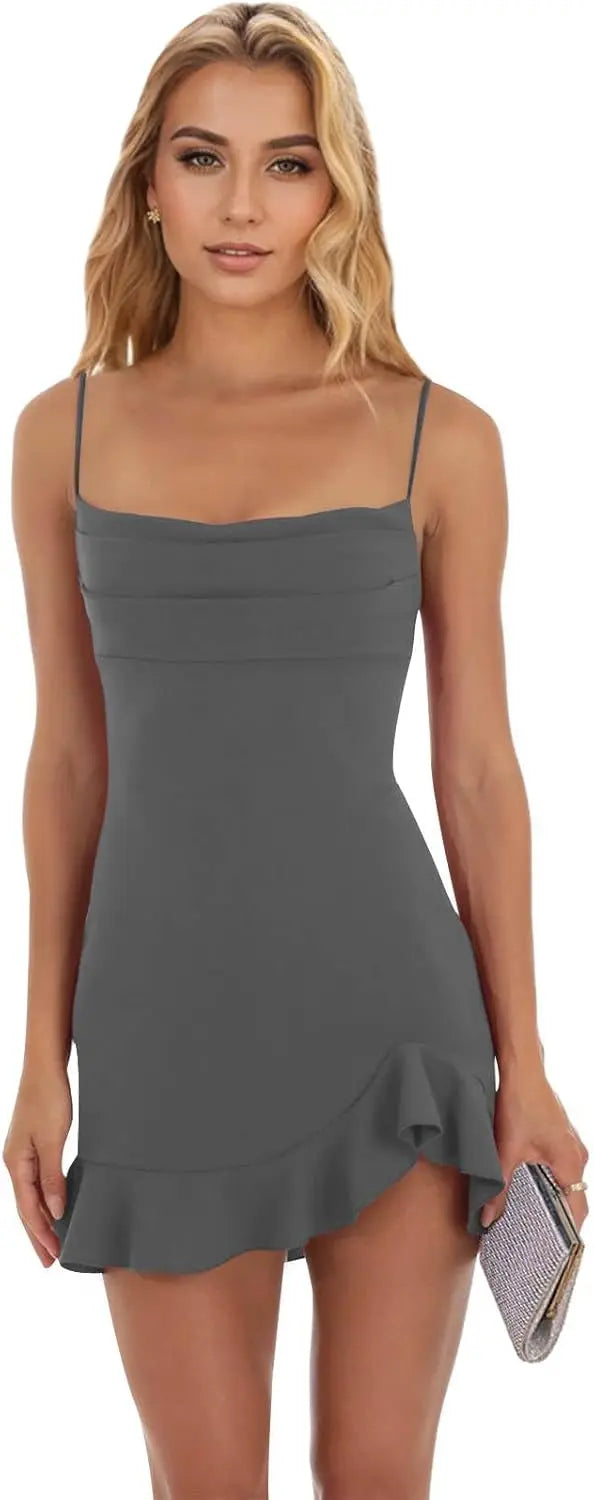 Vestidos cortos de fiesta ajustados para mujer, con tirantes finos y bajo con volantes, para cóctel y club. 