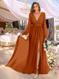 Long Sleeve Bridesmaid Dresses with Slit Pleated Wedding Party Gowns V Neck Chiffon Long Formal Dress evening dress