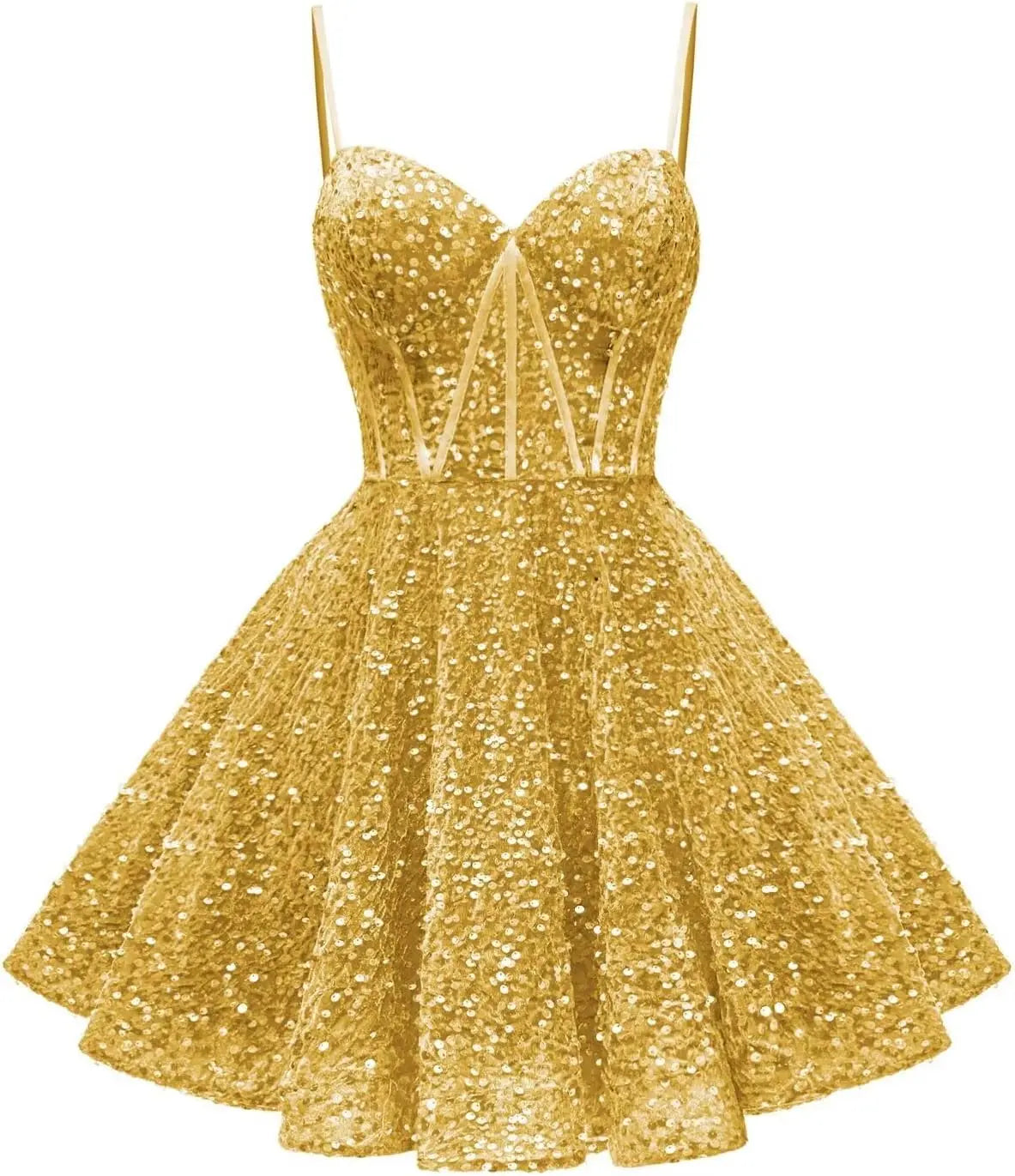 short gold dresses for prom Spaghetti Straps Sequin Homecoming Dress Short Prom Gown with Pockets – kingbridals