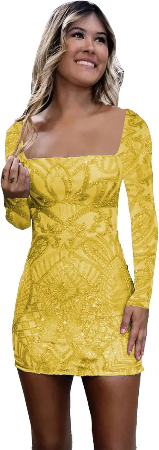 Vestidos de fiesta de manga larga con lentejuelas y encaje para mujer, cortos, ajustados, brillantes, con escote cuadrado, para cóctel o fiesta. 