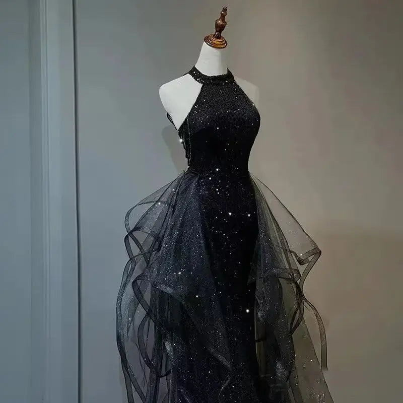 Vestidos de fiesta con lentejuelas y cuello halter, hechos a medida, con capa, 2025, de tul brillante, con abertura en forma de A, para boda, noche y fiesta. 