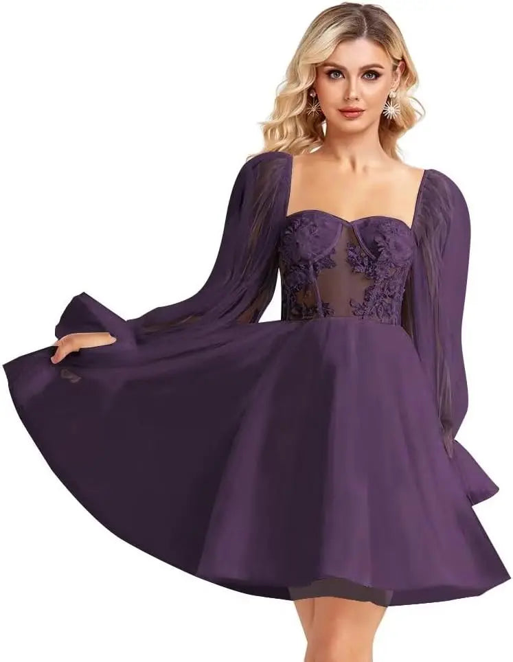 Langärmliges Tüll-Heimkehrkleid, kurzes Brautkleid, herzförmiger Ausschnitt, Spitzenapplikation, Ballkleider für Teenager, Cocktailkleid 