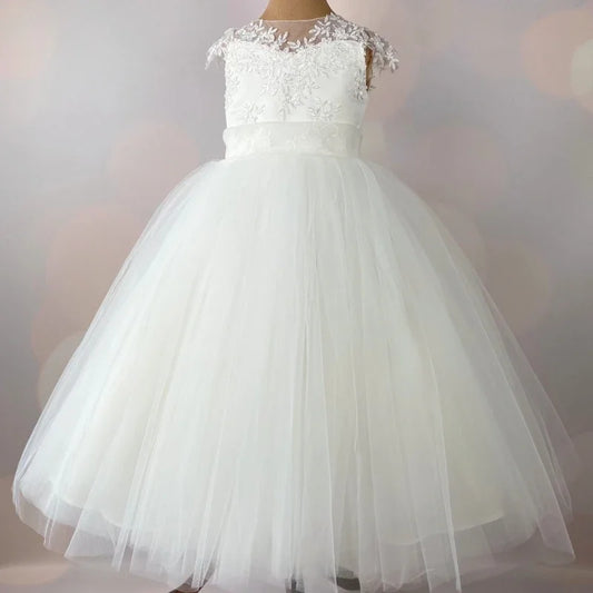 Vestidos de niña de las flores con apliques de tul blanco y lazo, sin mangas, para bodas, cumpleaños, fiestas, primera comunión. 