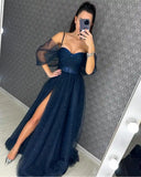 Sparkling Evening Dress with Sweetheart Corset Off-Shoulder Sleeves A-Line Skirt with High Slit Customizable Colors Glitter Gown