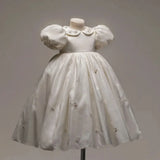Vestido de desfile para boda, de satén con cuentas, largo hasta los tobillos, estilo princesa, para fiesta de cumpleaños, primera comunión, blanco, para niña de las flores 