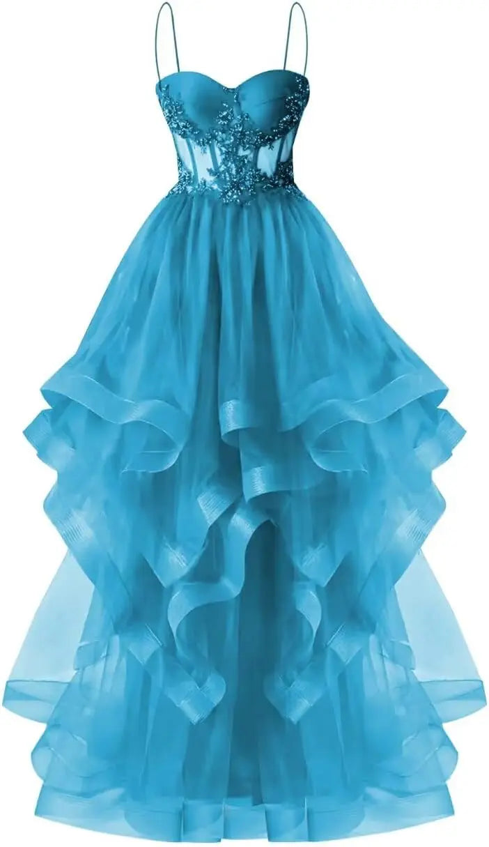 Custom Made Tulle Prom Dresses for Women 2025 Spaghetti Straps Ball Gowns Lace Applique Layered Quinceanera Dresses ball gown