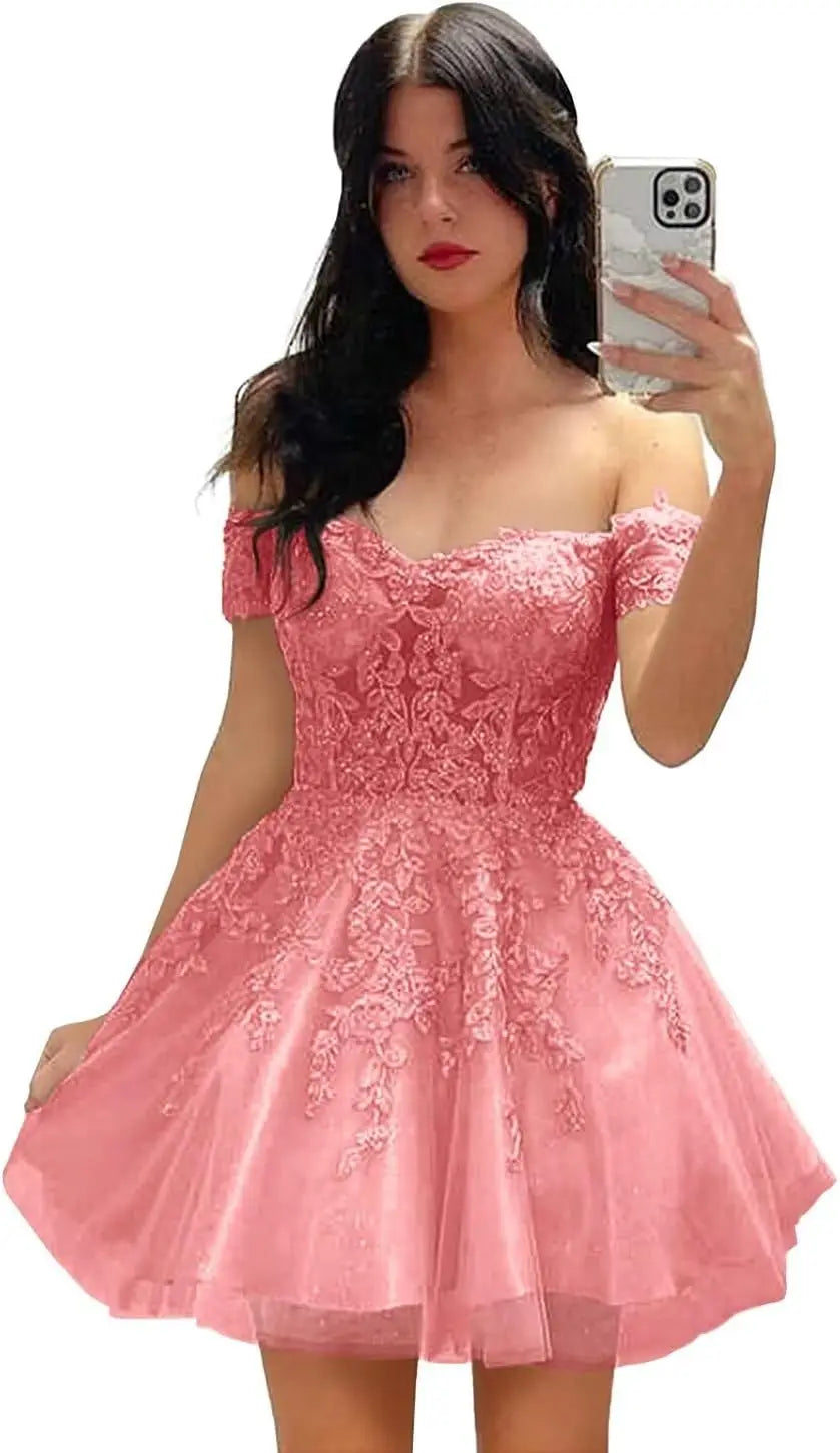 Hübsches kurzes Heimkehrkleid mit Spitzenapplikation für Teenager, glitzernder Tüll, schulterfrei, formelles Abschlussball-Cocktailkleid, Clubkleid 