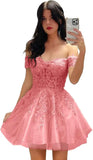 Hübsches kurzes Heimkehrkleid mit Spitzenapplikation für Teenager, glitzernder Tüll, schulterfrei, formelles Abschlussball-Cocktailkleid, Clubkleid 