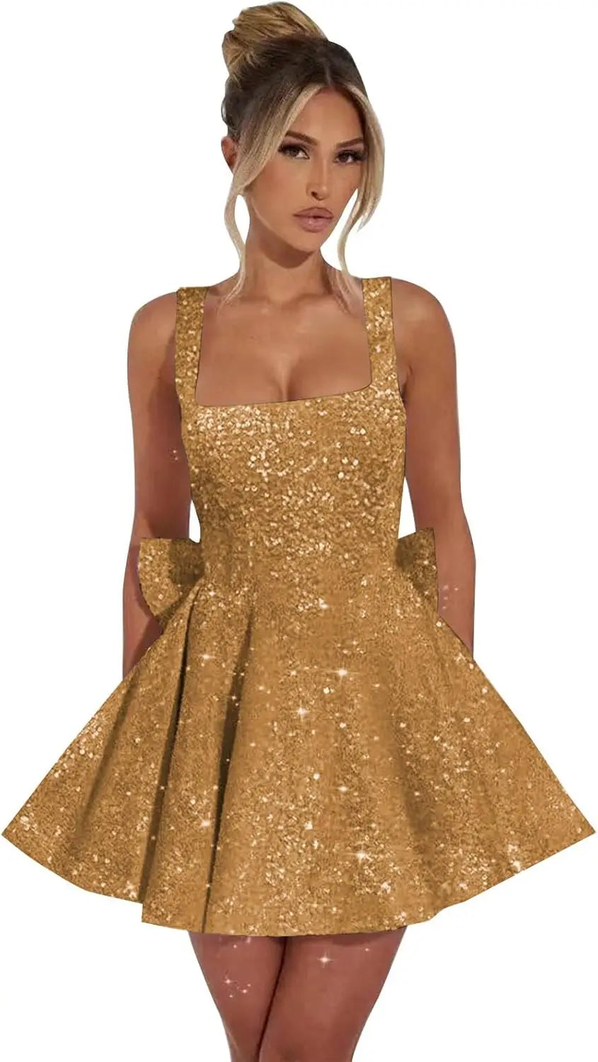 Vestidos de fiesta de graduación con lentejuelas brillantes para adolescentes, con lazo, cortos y abullonados.