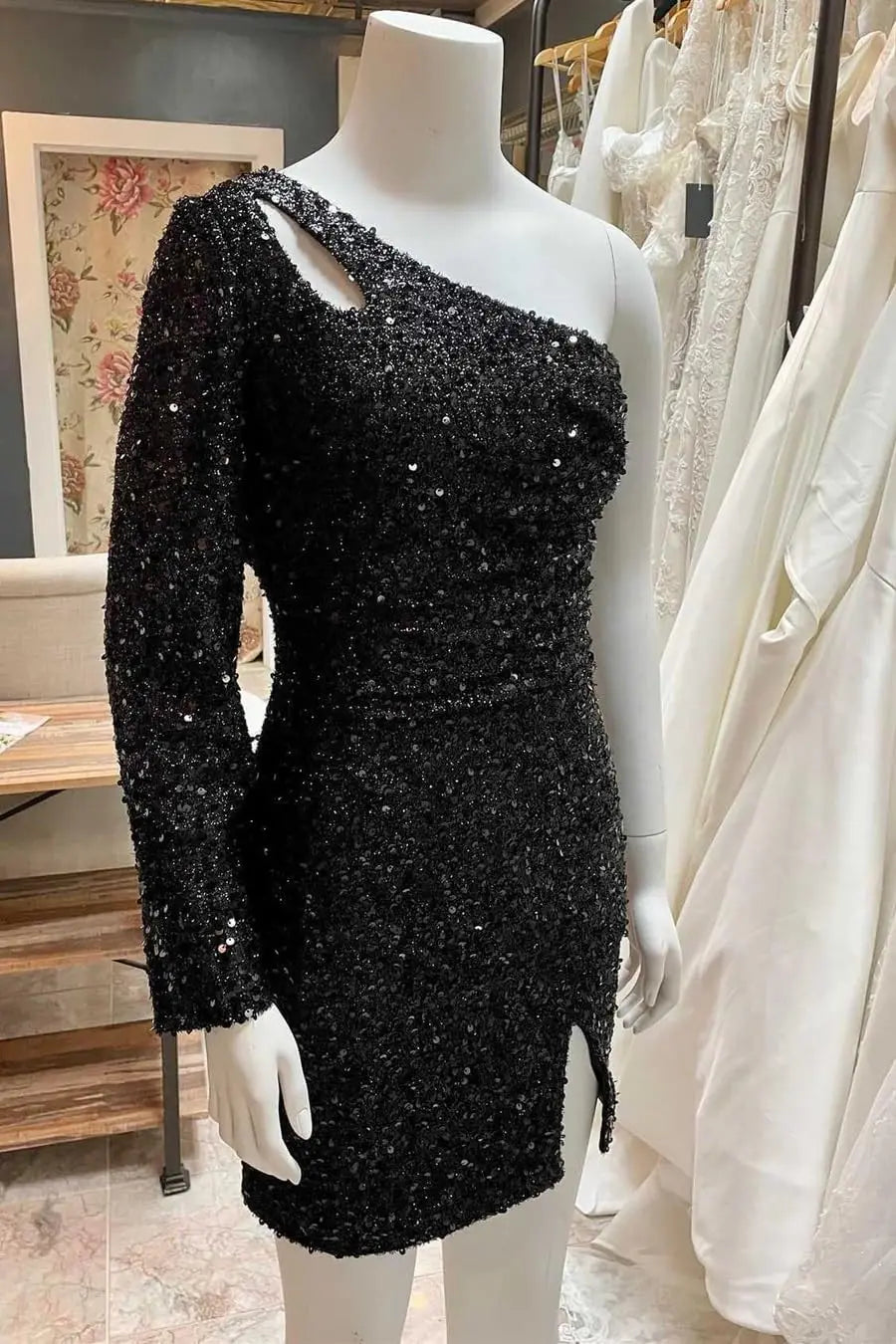 Women's One Shoulder Sequin Homecoming Dress Short Sparkly Long Sleeve Prom Party Gowns for Teens cocktail dresses