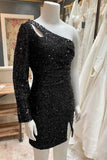 Women's One Shoulder Sequin Homecoming Dress Short Sparkly Long Sleeve Prom Party Gowns for Teens cocktail dresses