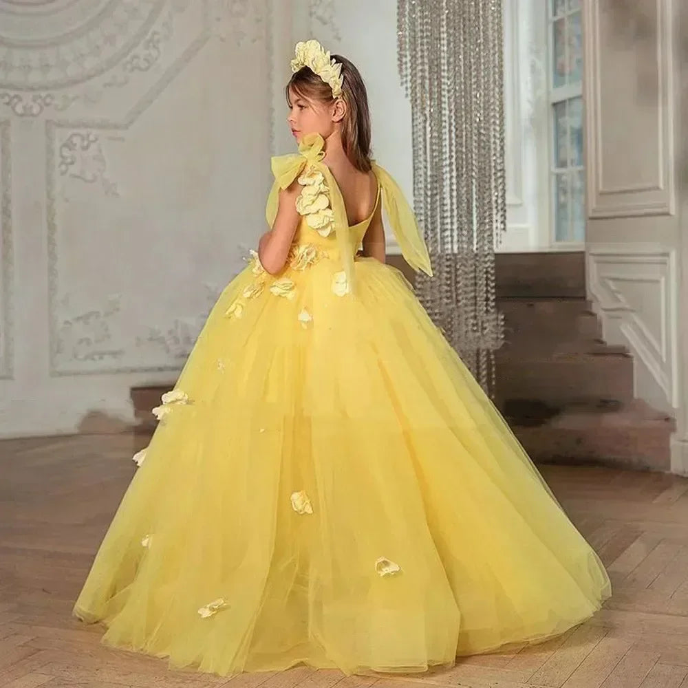 Vestido elegante de tul sin mangas para niña, para cumpleaños, fiesta de comunión, con apliques florales 3D, para boda 