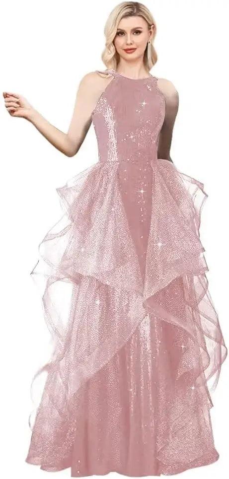 Vestidos de fiesta con lentejuelas y cuello halter, hechos a medida, con capa, 2025, de tul brillante, con abertura en forma de A, para boda, noche y fiesta. 