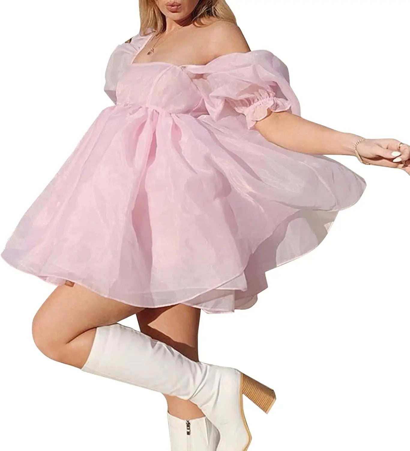 Damen Off-Shoulder Rüschen Flauschig Kurzarm Mesh Party Mini Prinzessin Kleid Kurzes Ballkleid Abschlussballkleid 