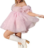 Damen Off-Shoulder Rüschen Flauschig Kurzarm Mesh Party Mini Prinzessin Kleid Kurzes Ballkleid Abschlussballkleid 