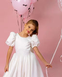 Bow girl Junior bridesmaid Satin flower girl dresses Pearl toddler party Dress with train Tulle Girl party princess dress