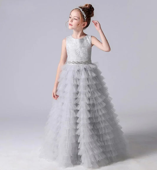 Gray Tulle Appliques Tiered Long Skirt Sleeveless For Wedding Birthday Party Banquet Princess Gowns Flower Girl Dresses