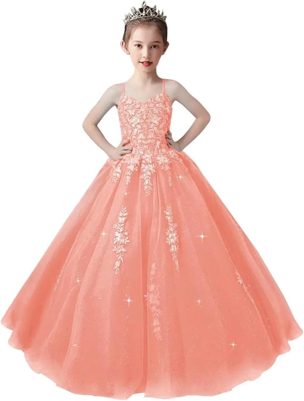 Lace Applique Tulle Pageant Gowns for Girls Ball Gown Flower Girl Dress Princess Toddler Kids Prom Pageant   Dress
