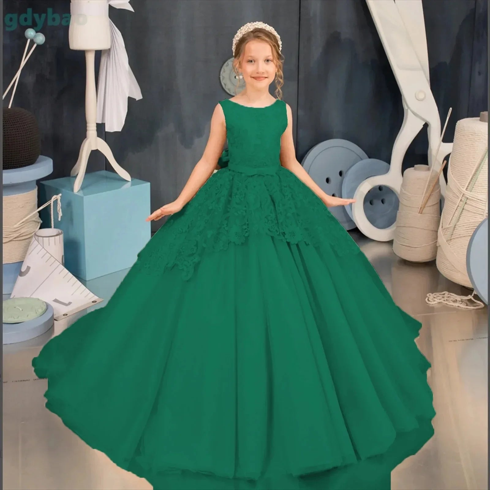 Apliques de encaje hasta el suelo para niña, fiesta de cumpleaños, primera comunión, vestido personalizado para niña de las flores para boda 