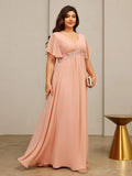 Plus Size Short Sleeves Mother of The Bride Dresses for Curvy Women V Neck Formal Dresses with Pockets Bridesmaid Dress Gowns