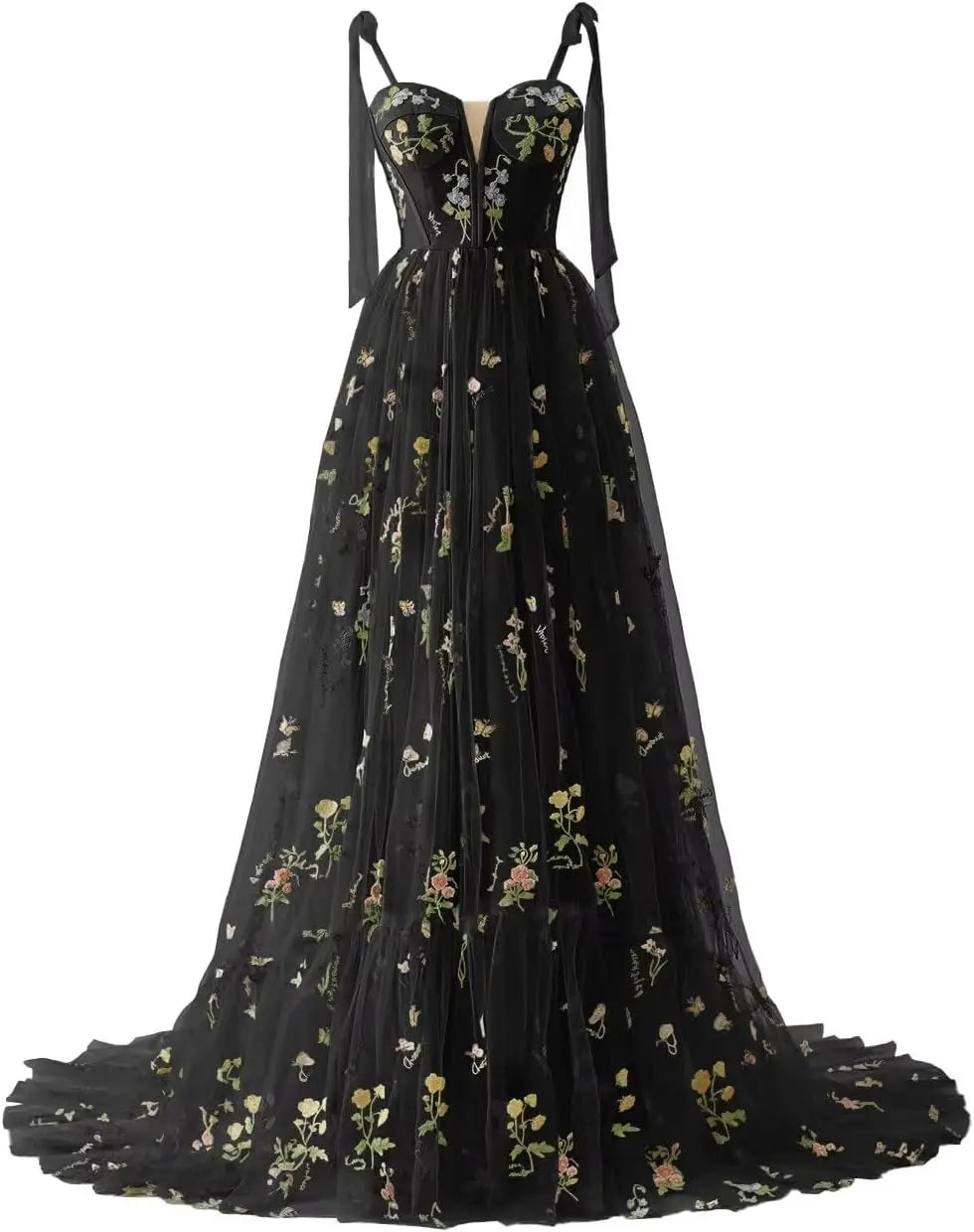 Women's Flower Embroidery Tulle Prom Dresses Corset Long Spaghetti Strap Fairy Ruched Formal Evening Party Gowns Bridesmaid Gown