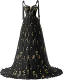 Women's Flower Embroidery Tulle Prom Dresses Corset Long Spaghetti Strap Fairy Ruched Formal Evening Party Gowns Bridesmaid Gown