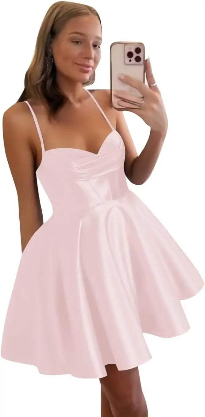 Spaghetti Straps Satin Homecoming Dresses for Women Short Halter Formal Prom Dresses with Pockets Graduation Mini Dress