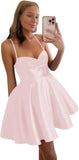 Spaghetti Straps Satin Homecoming Dresses for Women Short Halter Formal Prom Dresses with Pockets Graduation Mini Dress