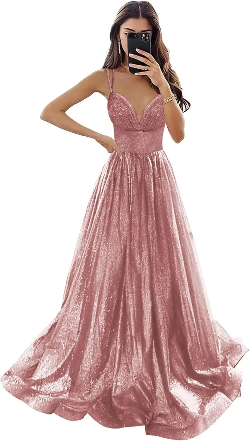 Vestido de fiesta de tul brillante con bolsillos, tirantes finos, corsé fruncido, largo, formal, para noche, vestidos de fiesta para mujer, noche 