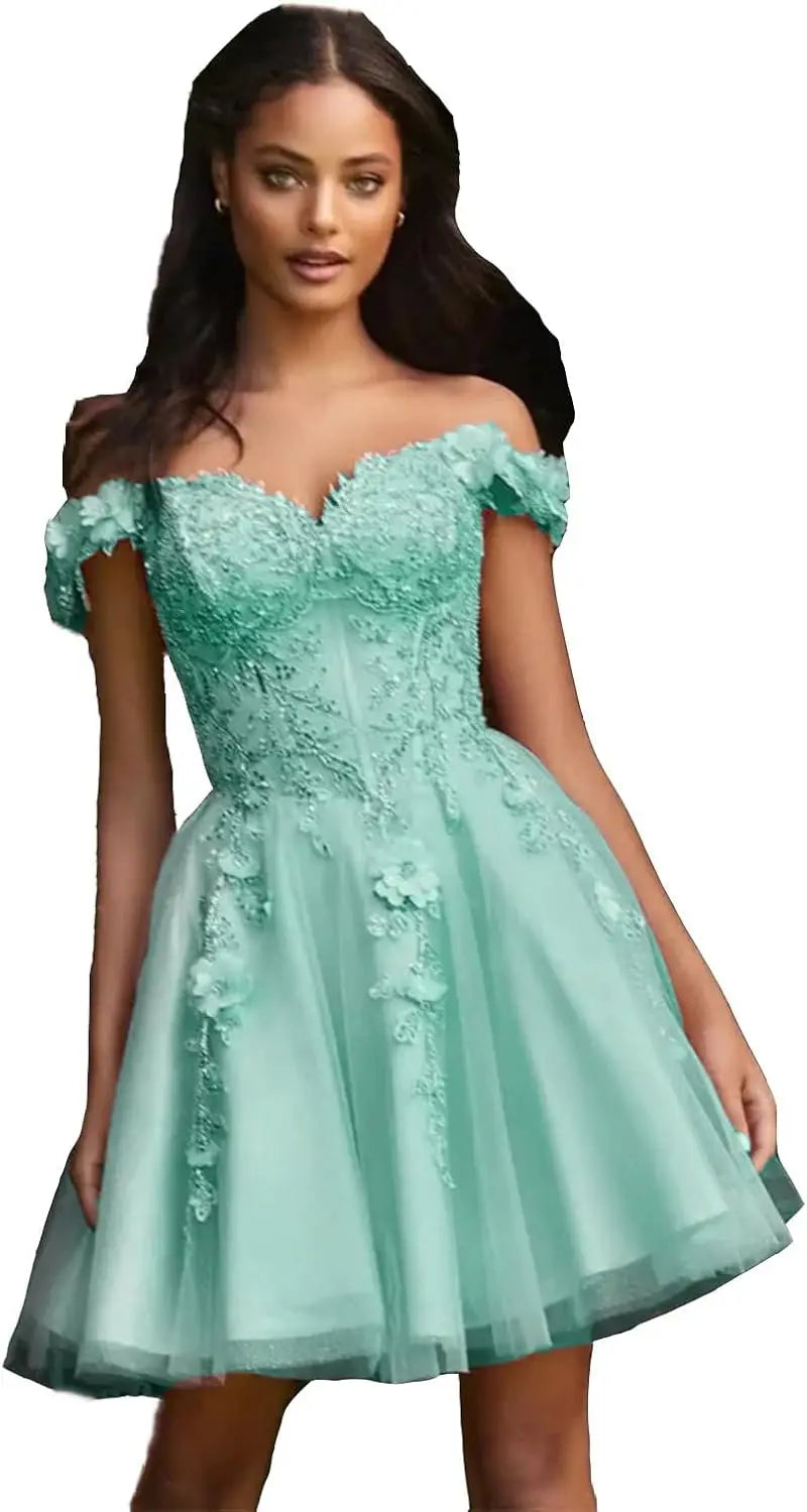 Vestidos de fiesta de tul con hombros descubiertos 2025, vestidos de fiesta cortos de encaje estilo princesa, vestidos de graduación 
