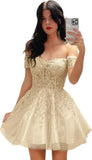 Hübsches kurzes Heimkehrkleid mit Spitzenapplikation für Teenager, glitzernder Tüll, schulterfrei, formelles Abschlussball-Cocktailkleid, Clubkleid 