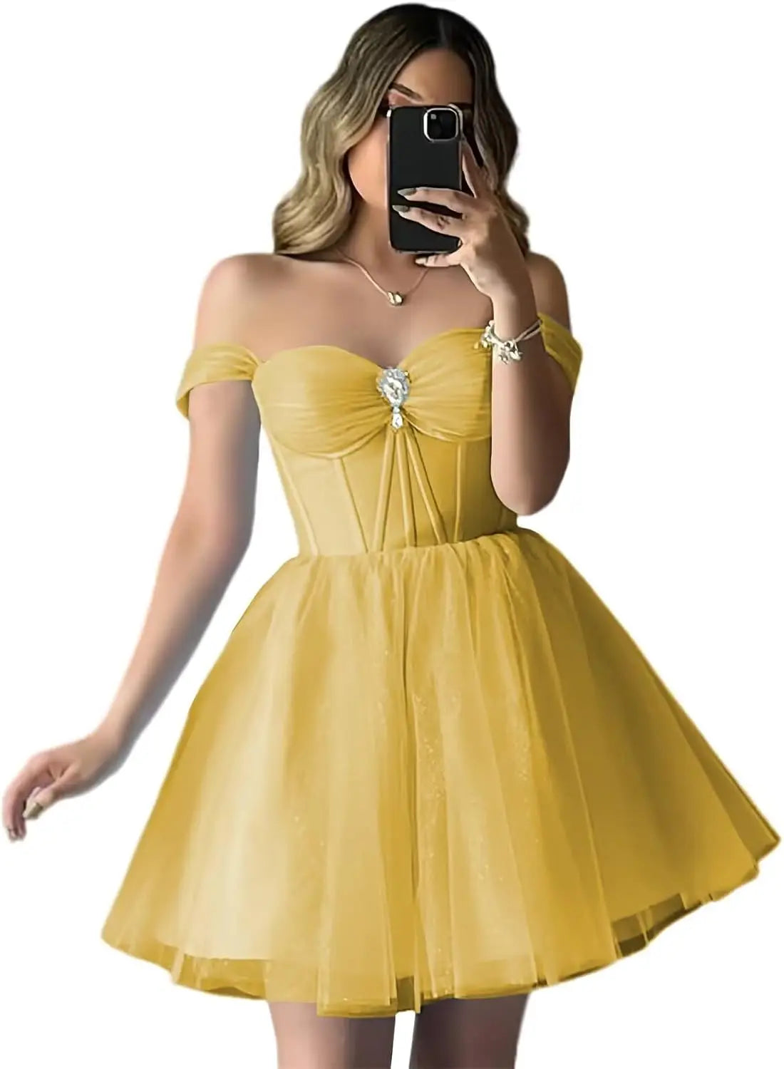 Vestidos de fiesta de tul brillante con hombros descubiertos, vestidos de fiesta cortos para adolescentes, vestido de cóctel de corte A con escote en forma de corazón y vuelo. 