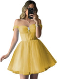 Vestidos de fiesta de tul brillante con hombros descubiertos, vestidos de fiesta cortos para adolescentes, vestido de cóctel de corte A con escote en forma de corazón y vuelo. 