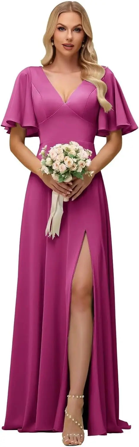 Wedding Party Chiffon Short Sleeves Bridesmaid Dresses for Women Slit Long Cut Out Elegant Maxi Formal Evening Cocktail Gown