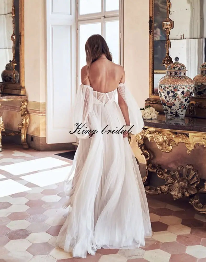 Vestidos de fiesta de manga larga abullonados para mujer, hechos a medida, con abertura en los hombros, de tul, para boda, formales, de noche, transparentes. 