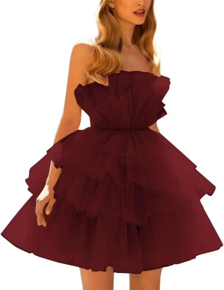 Vestidos de fiesta de tul con hombros descubiertos, abullonados, cortos, sin tirantes, de malla, con volantes, formales, para cóctel o gala 