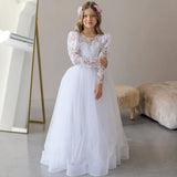 Vestido de princesa para niña de las flores, tul blanco, flores bordadas, manga larga, para boda, fiesta de cumpleaños, primera comunión. 
