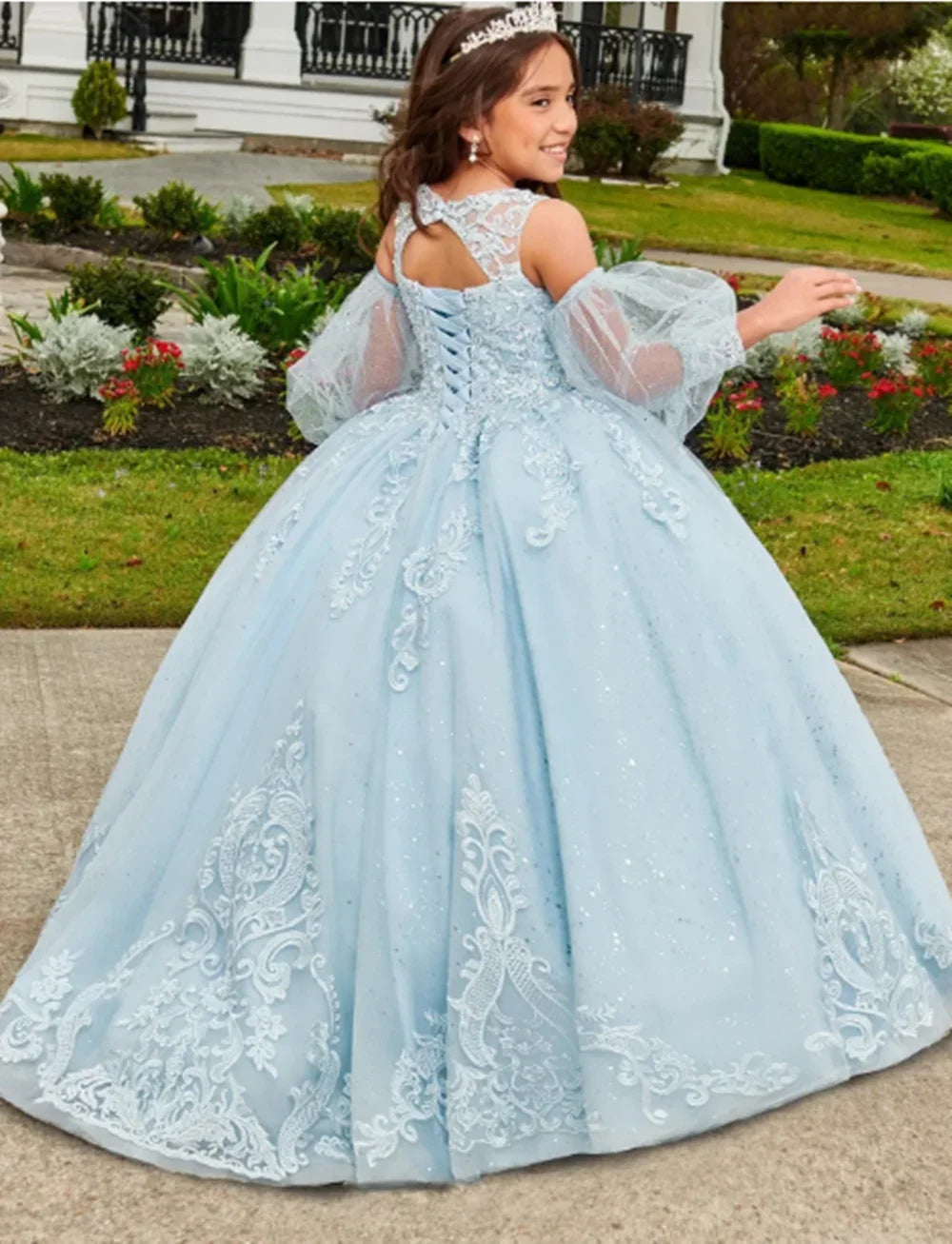 Sequins Floor Length Elegant Girl Kids Birthday Party First Holy Communion Gown Lace Appliques Flower Girl Dresses for Wedding