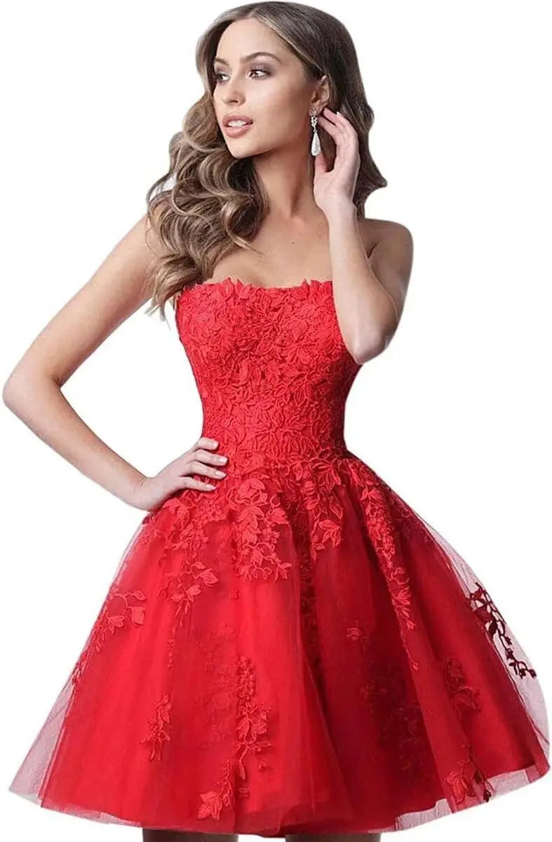 Spitzen-Heimkehrkleider, kurz, A-Linie, trägerlos, formelle Cocktailparty-Kleider, Abschlussballkleid, Ballkleider, Minikleid 