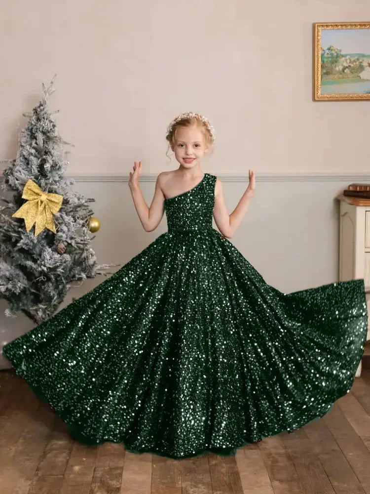 Vestido de princesa con lentejuelas abullonadas color burdeos, de un solo hombro, para bodas, fiestas de cumpleaños, banquetes, vestidos de niña de las flores, vestido de princesa 