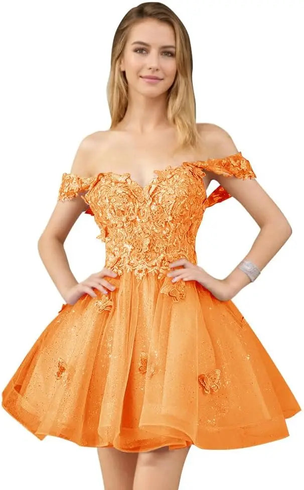 Glitter Tulle Appliques Homecoming Dresses for Teens Beaded Off Shoulder Short Prom Dresses Lace Cocktail Mini Dress Club Gowns