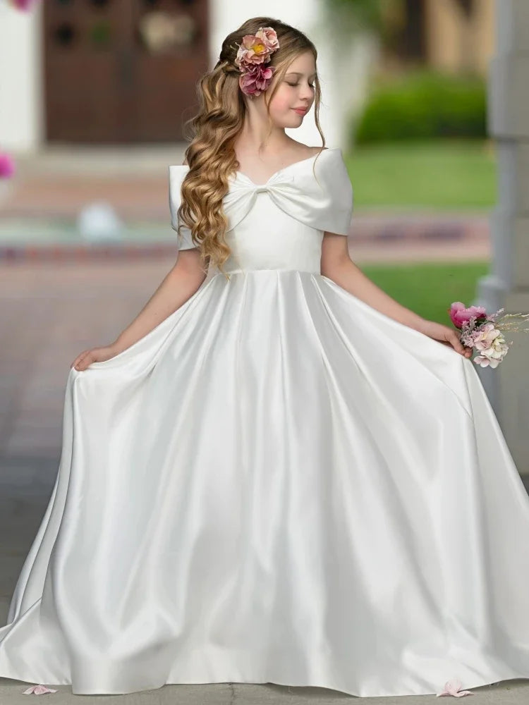Vestido de satén blanco con lazo, manga corta, para boda, fiesta de cumpleaños, banquete, princesa, comunión, personalizado, para niña de las flores 