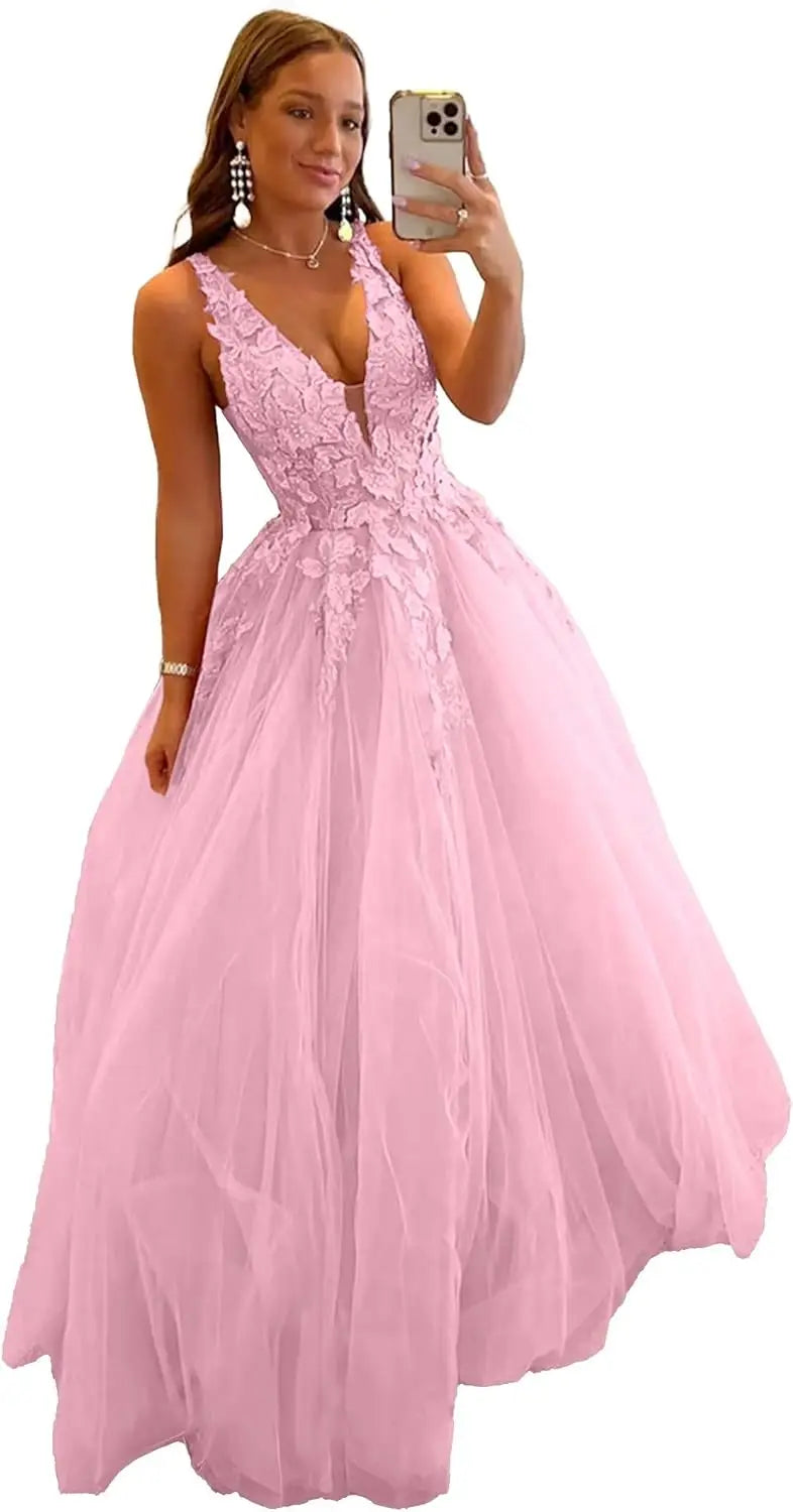 Tulle Prom Dresses for Women V Neck Applique Ball Gowns for Teens Women's Long Formal Evening Gowns with 3D Flower