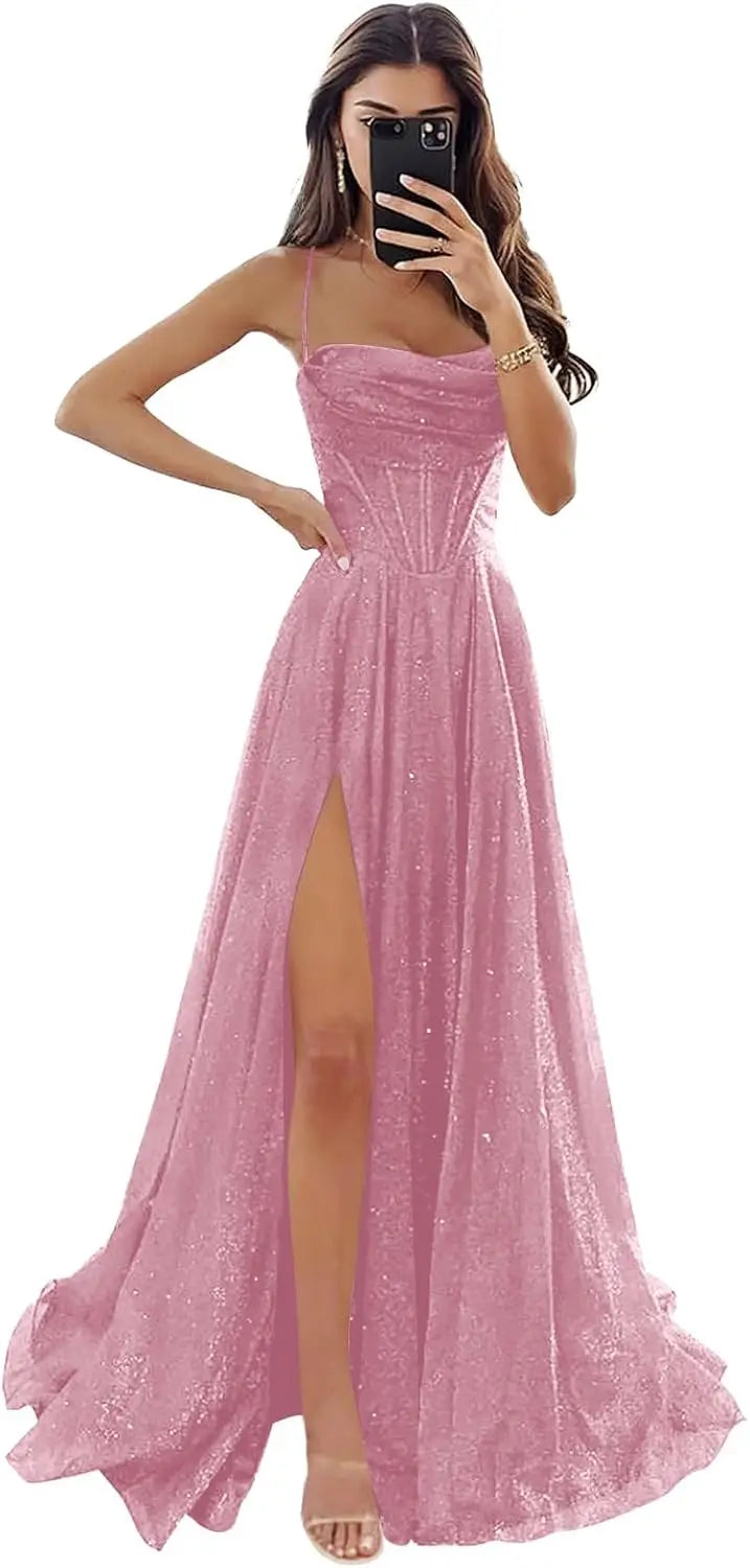 Damen Spaghettiträger Glitzer Tüll Ballkleider mit Schlitz Wasserfallausschnitt Langes formelles Abendkleid Partykleid 