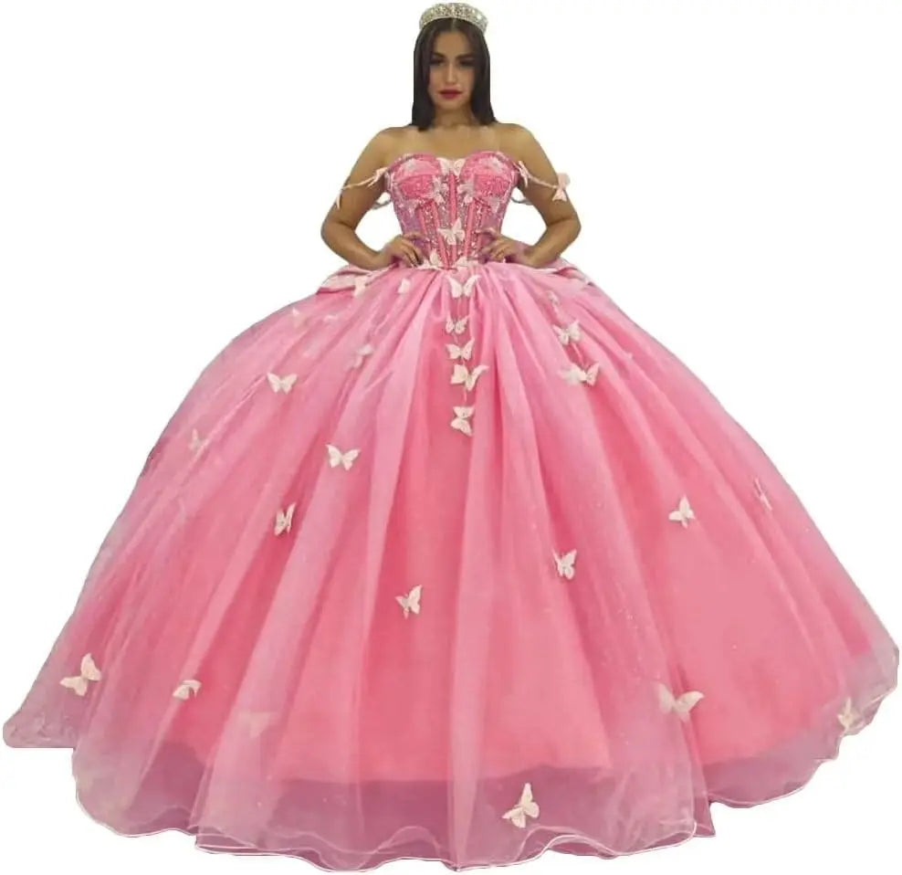 3D Butterfly Quinceanera Dress with Bow Train Spaghetti Strap Sweet 15 16 Ball Gowns Sparkly Vestido De 15 Años